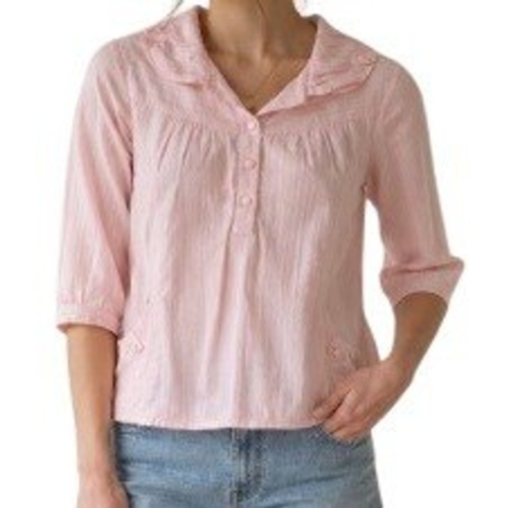 Vintage L&M Ruffle Collar Blouse Womens 2 Pink Textured Embroidered Cottagecore